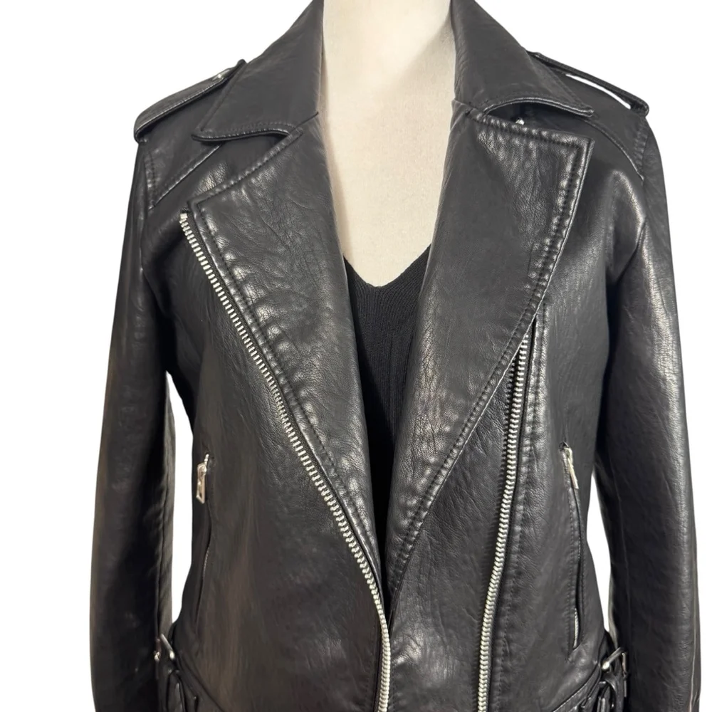 Size 6 Topshop Black Faux Leather classic Moto Jacket pockets Zippers Unisex - Picture 2 of 12